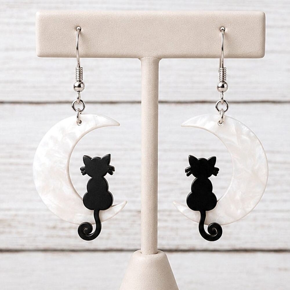 Black Cat On Moon Dangle Earrings - Brand New